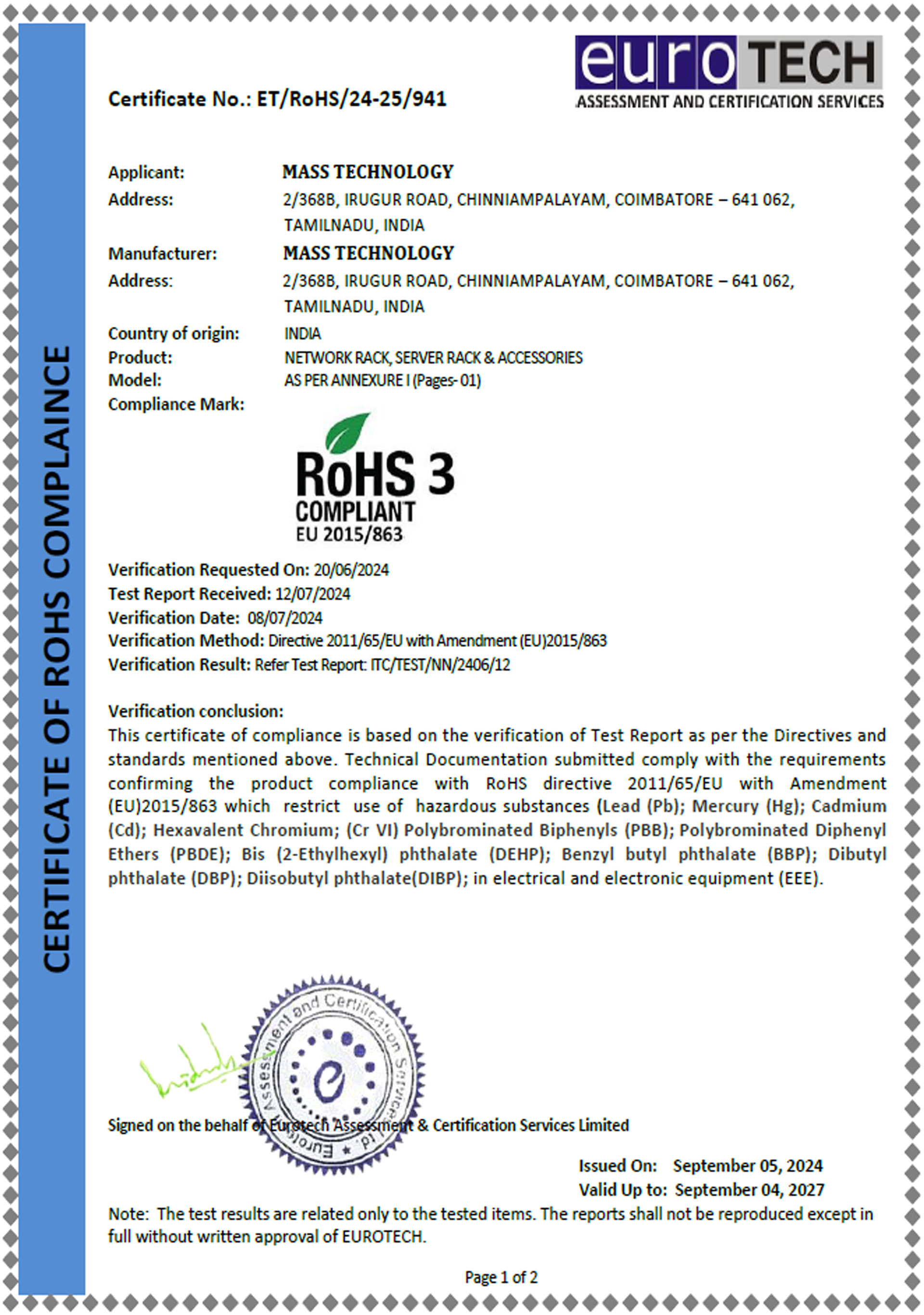 RoHS Compliant Certificate